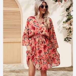 Jollycode Boho Floral Pink‎ Dress Bohemian Vacation Resort Mini Ruffle Large